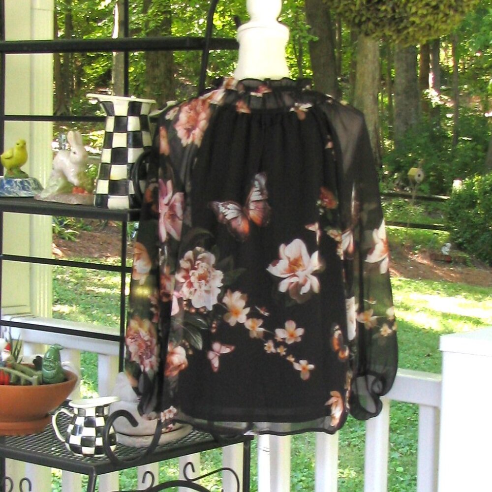 Joie black floral butterfly top shirt blouse Large polyester soft luxury style - Picture 6 of 8